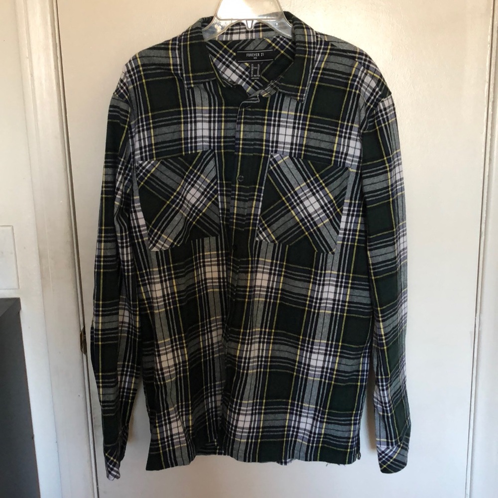 Forever 21 Men’s Green and Yellow Flannel Shirt XL